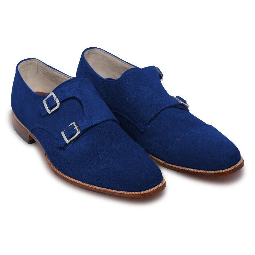 Men Blue Double Monk Suede Leather Shoes - Leather Skin Shop