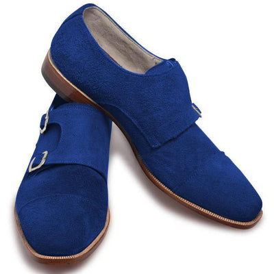 Men Blue Double Monk Suede Leather Shoes - Leather Skin Shop