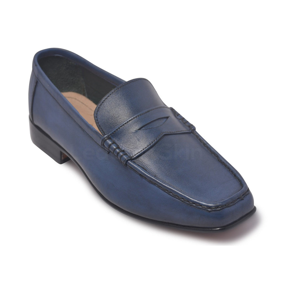 Men Blue Penny Loafer Slip-On Genuine Leather Shoes - Leather Skin Shop