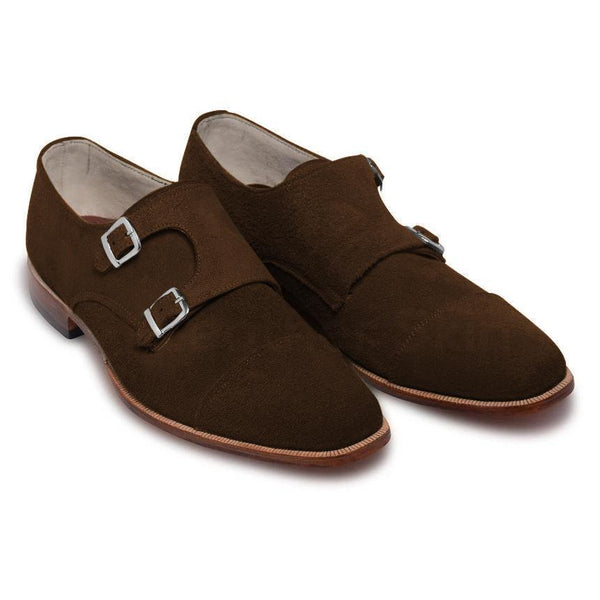 Men Brown Double Monk Suede Leather Shoes - Leather Skin Shop