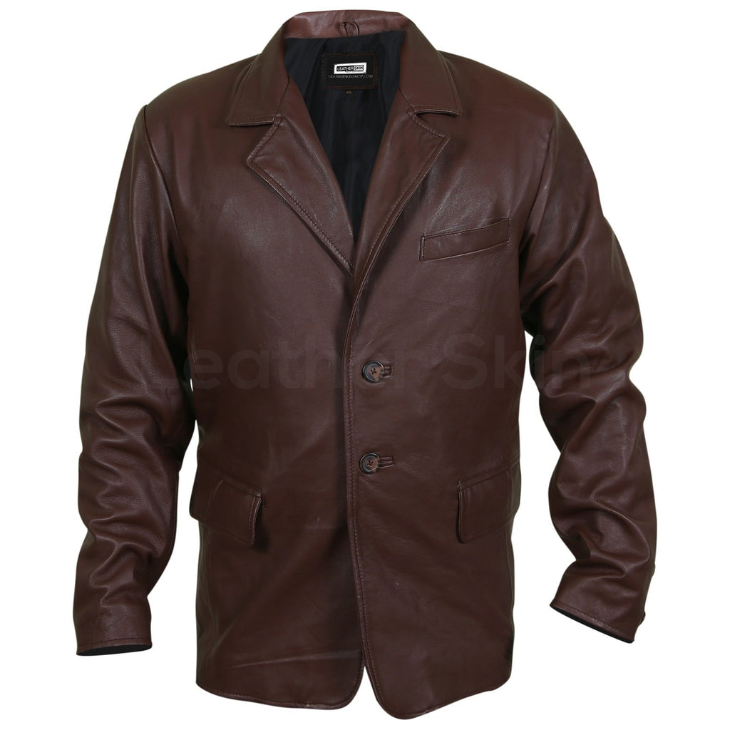 Men Brown Genuine Leather Coat with Plain Lining - Leather Skin Shop