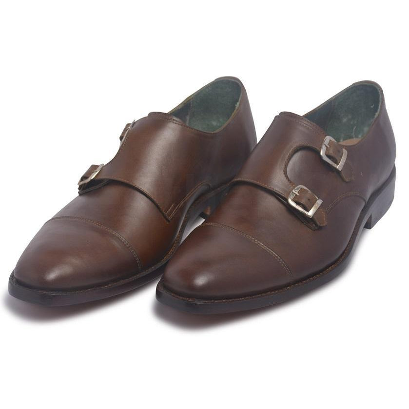 Men Brown Two Monk Strap Genuine Leather Shoes with Cap Toe - Leather ...