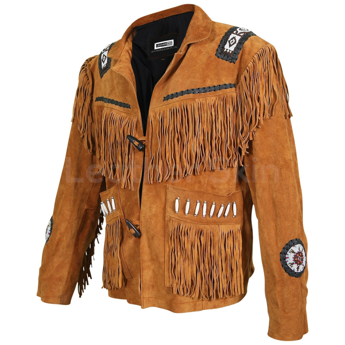 Men Brown Western Fringes with white beads decoration - Leather Skin Shop