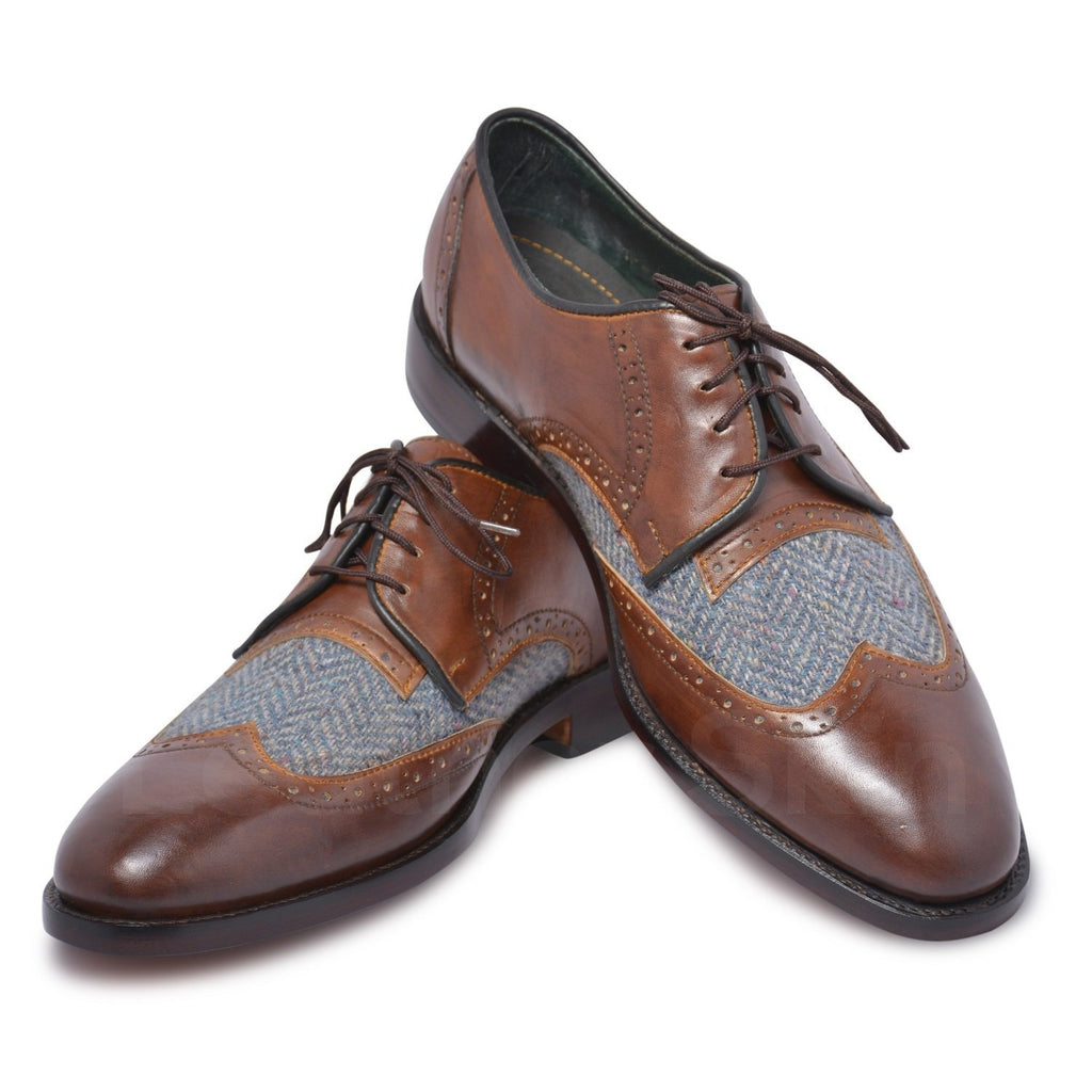 Men Brown Wingtip Derby Leather Shoes with Fabric Herringbone Vamp ...