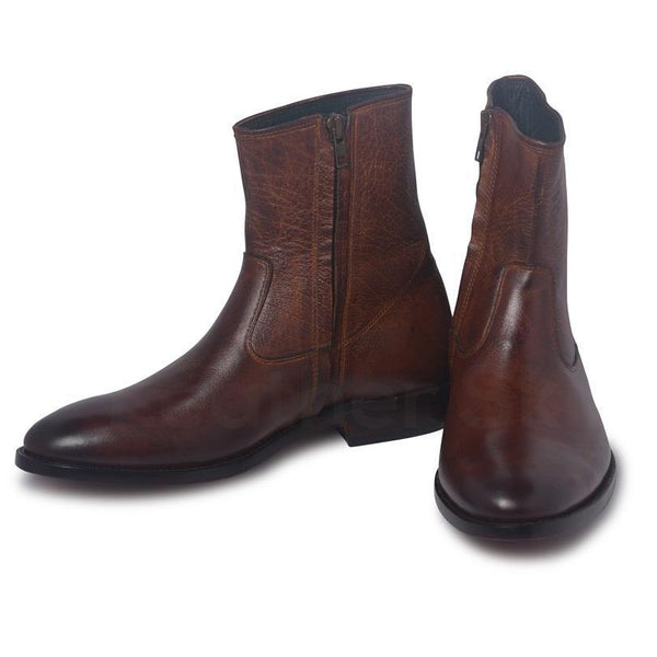 Men Brown Zipper Ankle Genuine Leather Boots - Leather Skin Shop