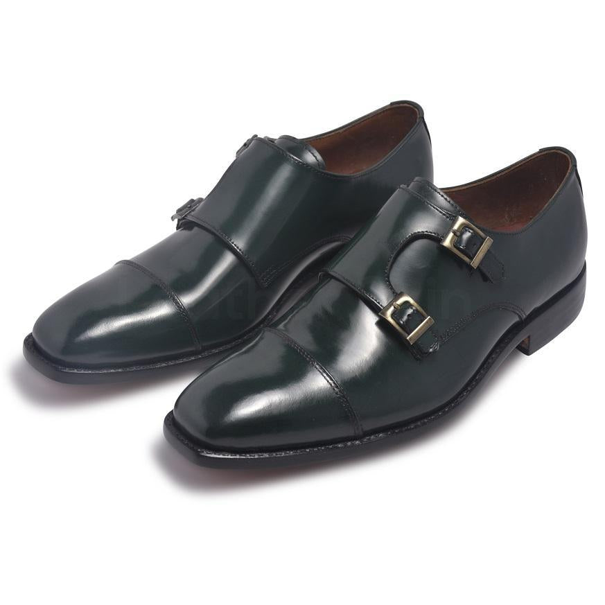 Men Dark Green Monk Strap Cap Toe Genuine Leather Shoes - Leather Skin Shop