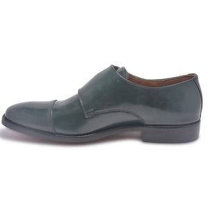 Men Dark Green Monk Strap Cap Toe Genuine Leather Shoes - Leather Skin Shop