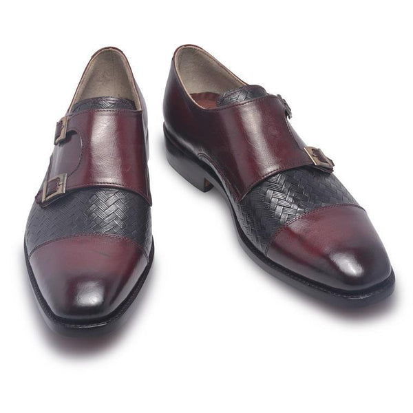 Men Distressed Two Tone Red Black Monk Strap Leather Shoes - Leather ...