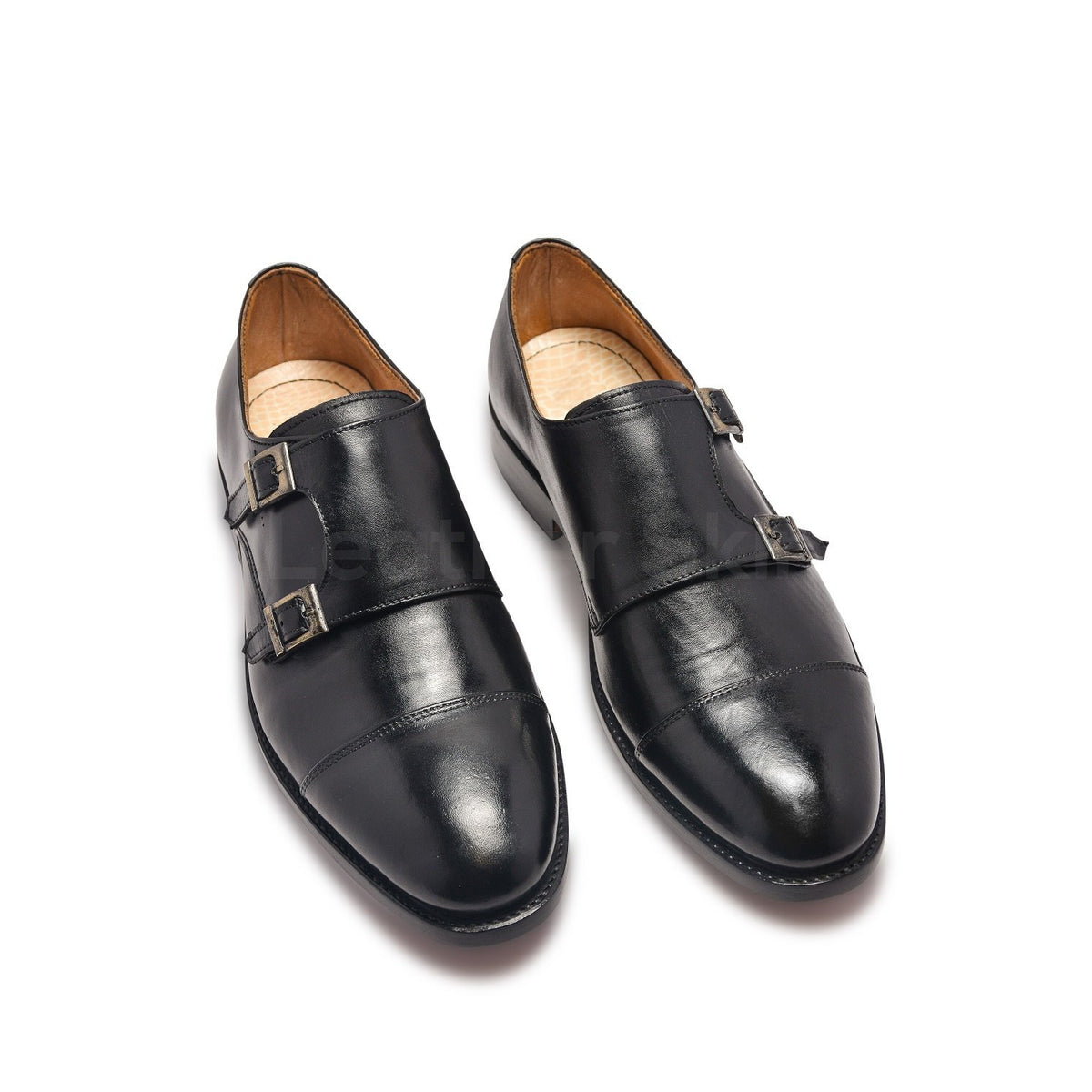 Men Double Monk Black Handmade Genuine Leather Shoes - Leather Skin Shop