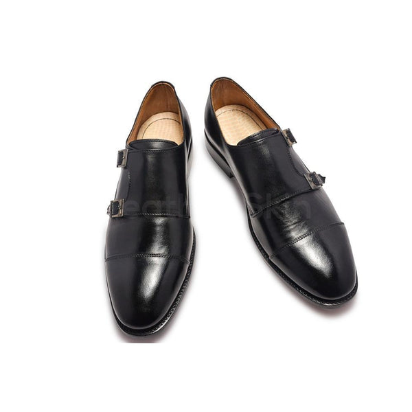 Men Double Monk Black Handmade Genuine Leather Shoes - Leather Skin Shop