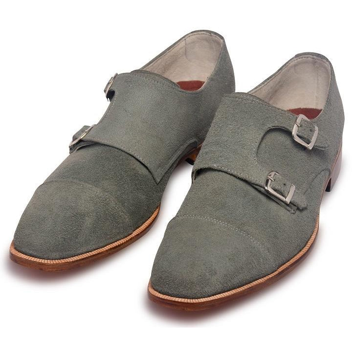 Men Gray Grey Double Monk Suede Leather Shoes - Leather Skin Shop