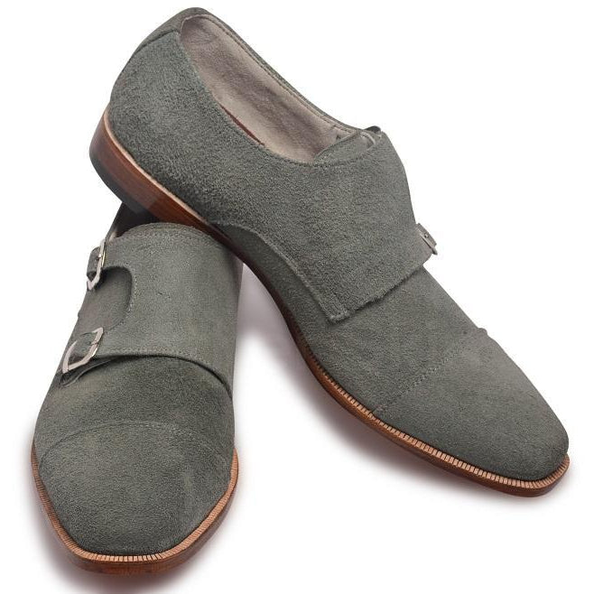 Men Gray Grey Double Monk Suede Leather Shoes - Leather Skin Shop