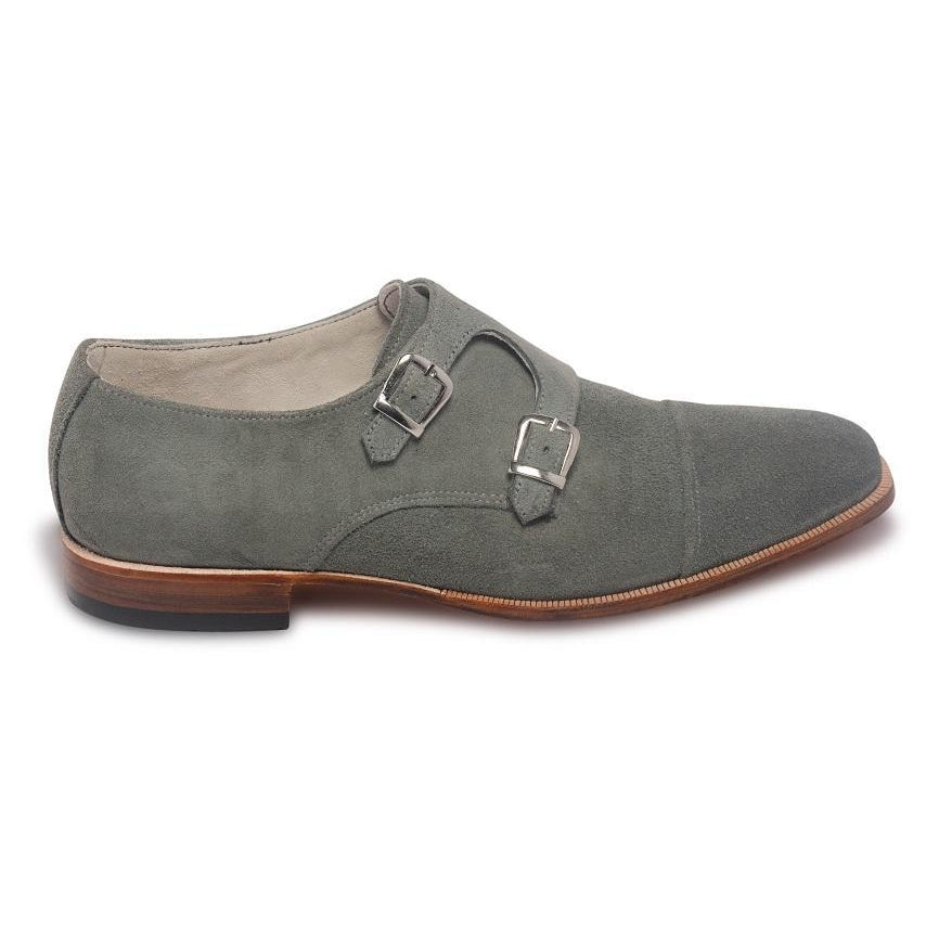 Men Gray Grey Double Monk Suede Leather Shoes - Leather Skin Shop