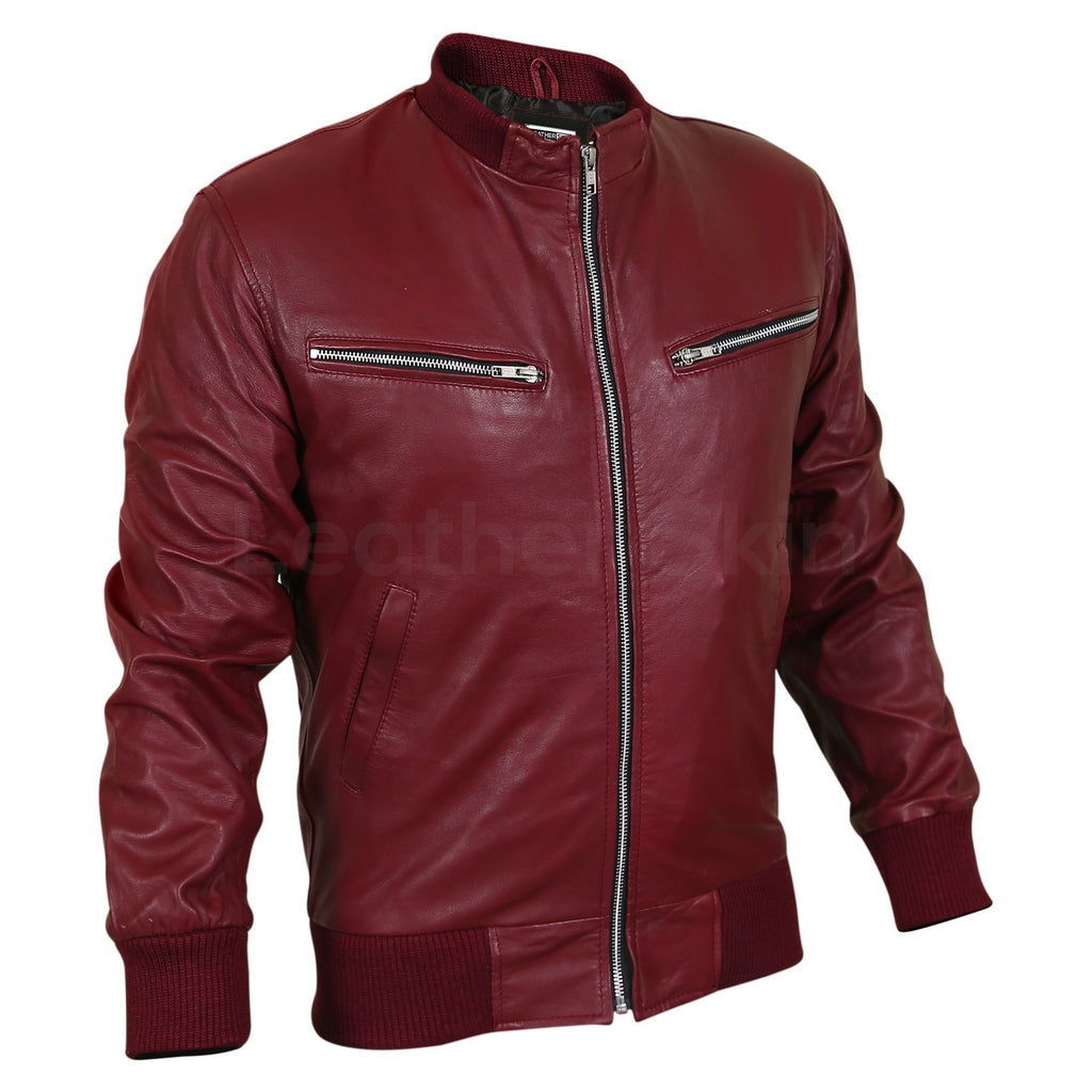 Men Maroon Red Genuine Leather Jacket with Elastic Bottom - Leather ...