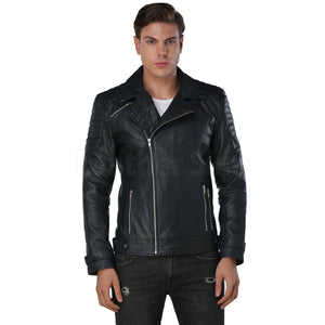 Men Navy Blue Biker Leather Jacket - Leather Skin Shop