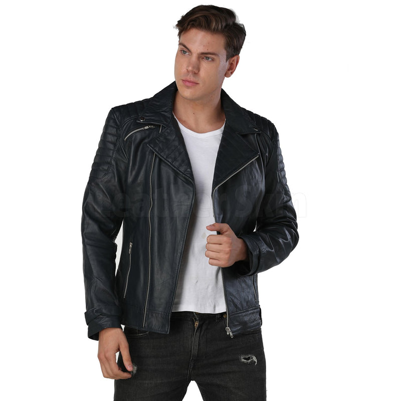 Men Navy Blue Biker Leather Jacket - Leather Skin Shop