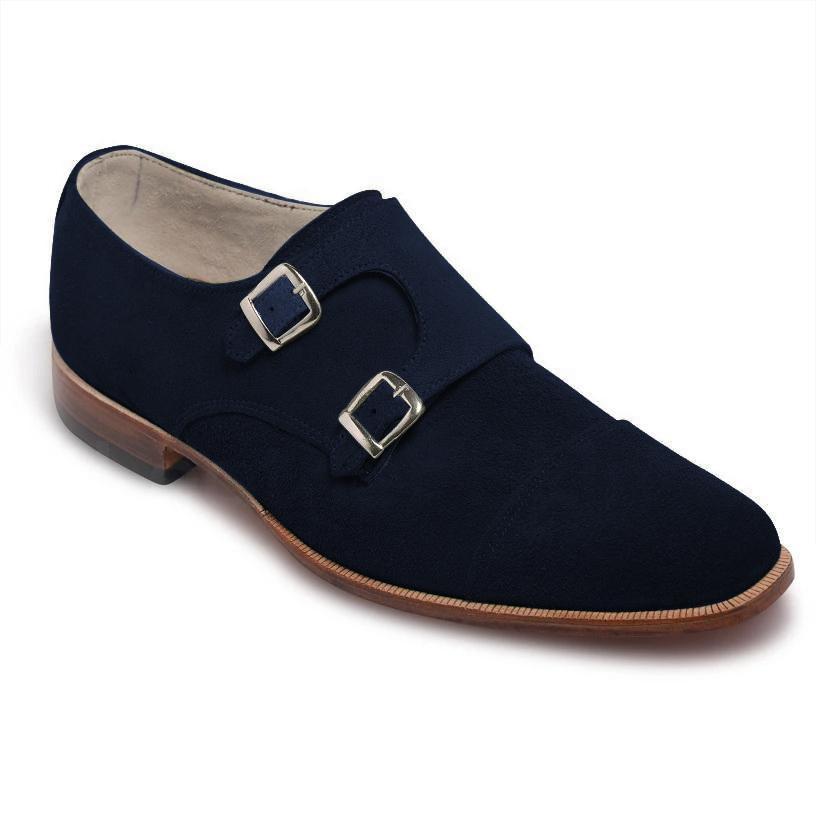 Men Navy Blue Double Monk Suede Leather Shoes - Leather Skin Shop