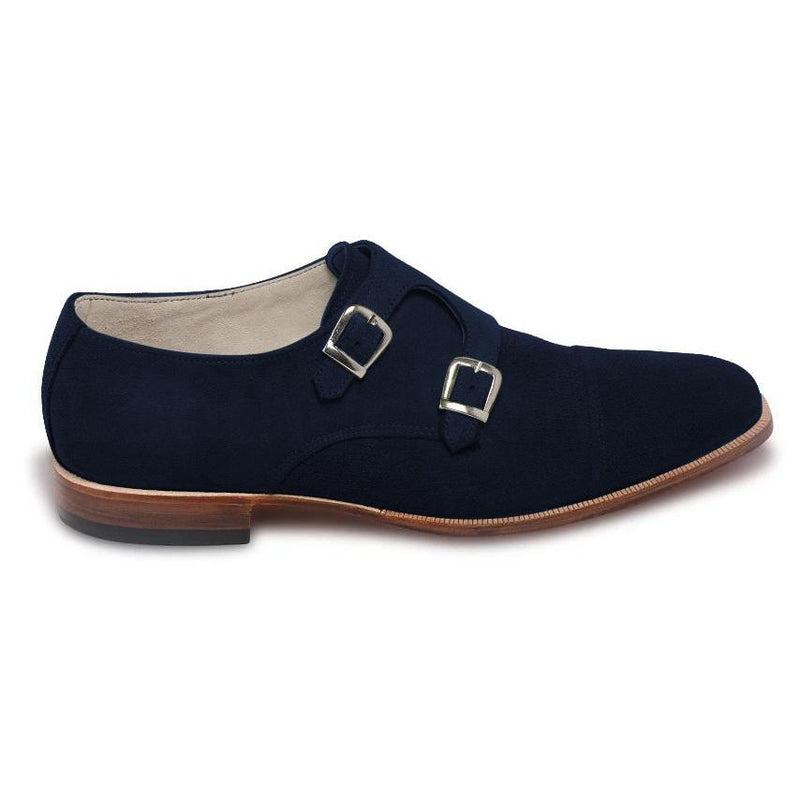 Men Navy Blue Double Monk Suede Leather Shoes - Leather Skin Shop