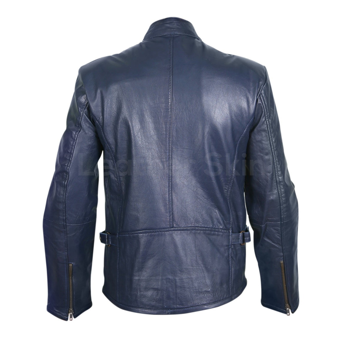 Men Navy Blue Genuine Leather Jacket with Rib Quilted Padded Shoulders ...