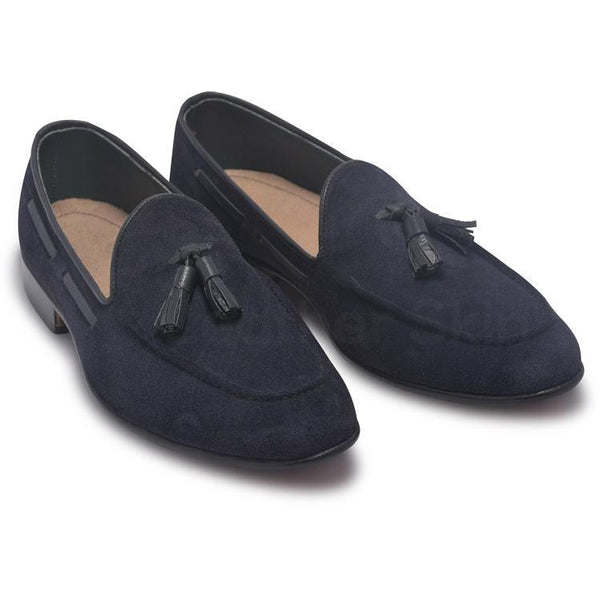 blue leather moccasins