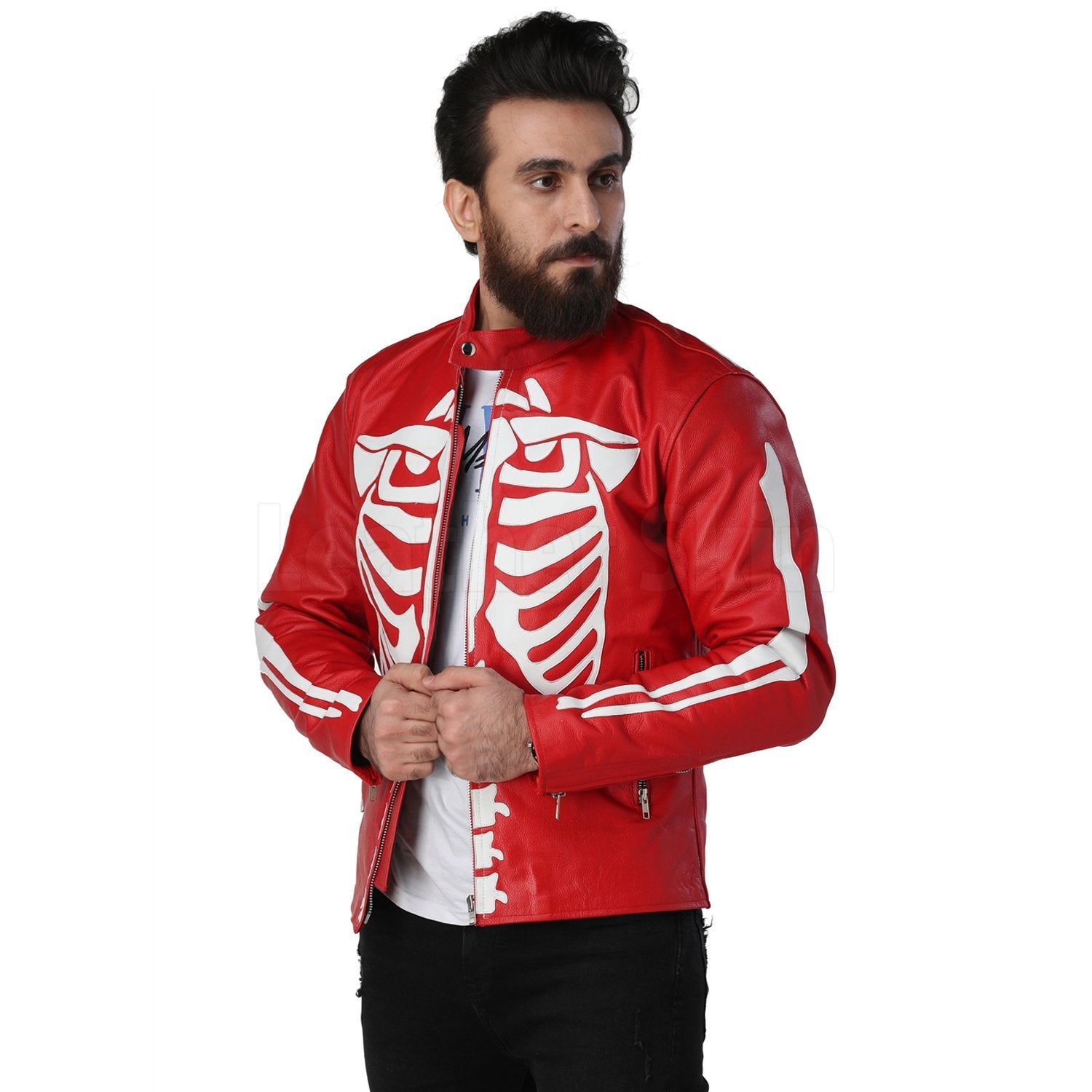 Leather Skin Men Red Skeleton Biker Motorcycle Genuine Leather Jacket