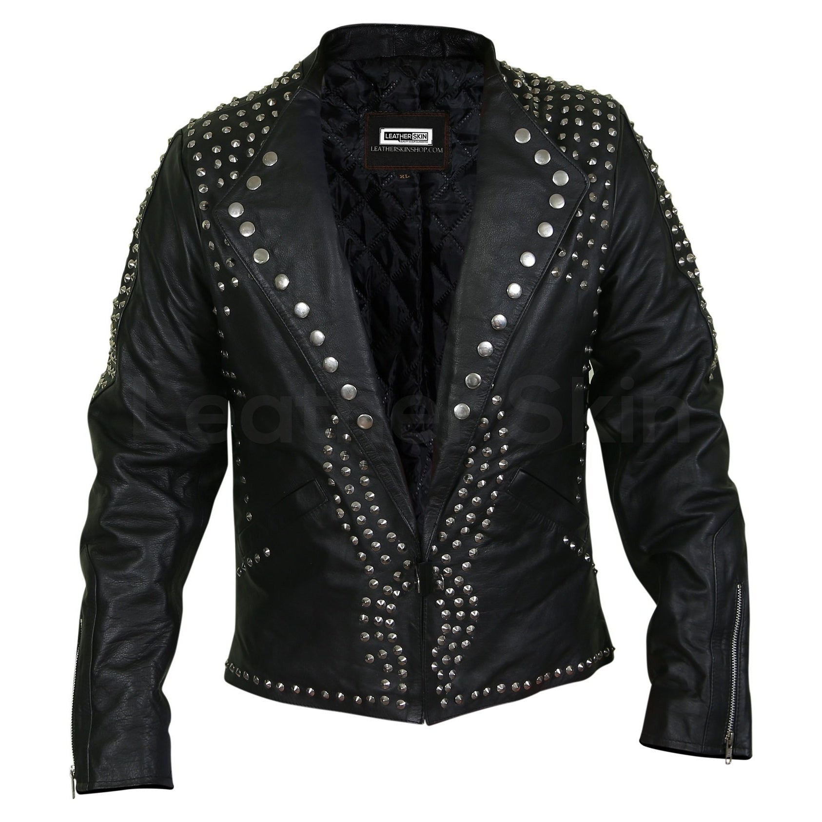 Mens Black Leather Jacket - Studded Spiked Studs Punk Asymmetrical
