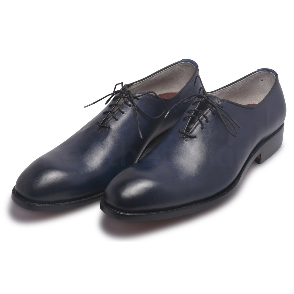 Men Two Tone Blue Leather Shoes with black laces - Leather Skin Shop