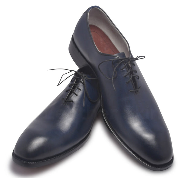Men Two Tone Blue Leather Shoes with black laces - Leather Skin Shop