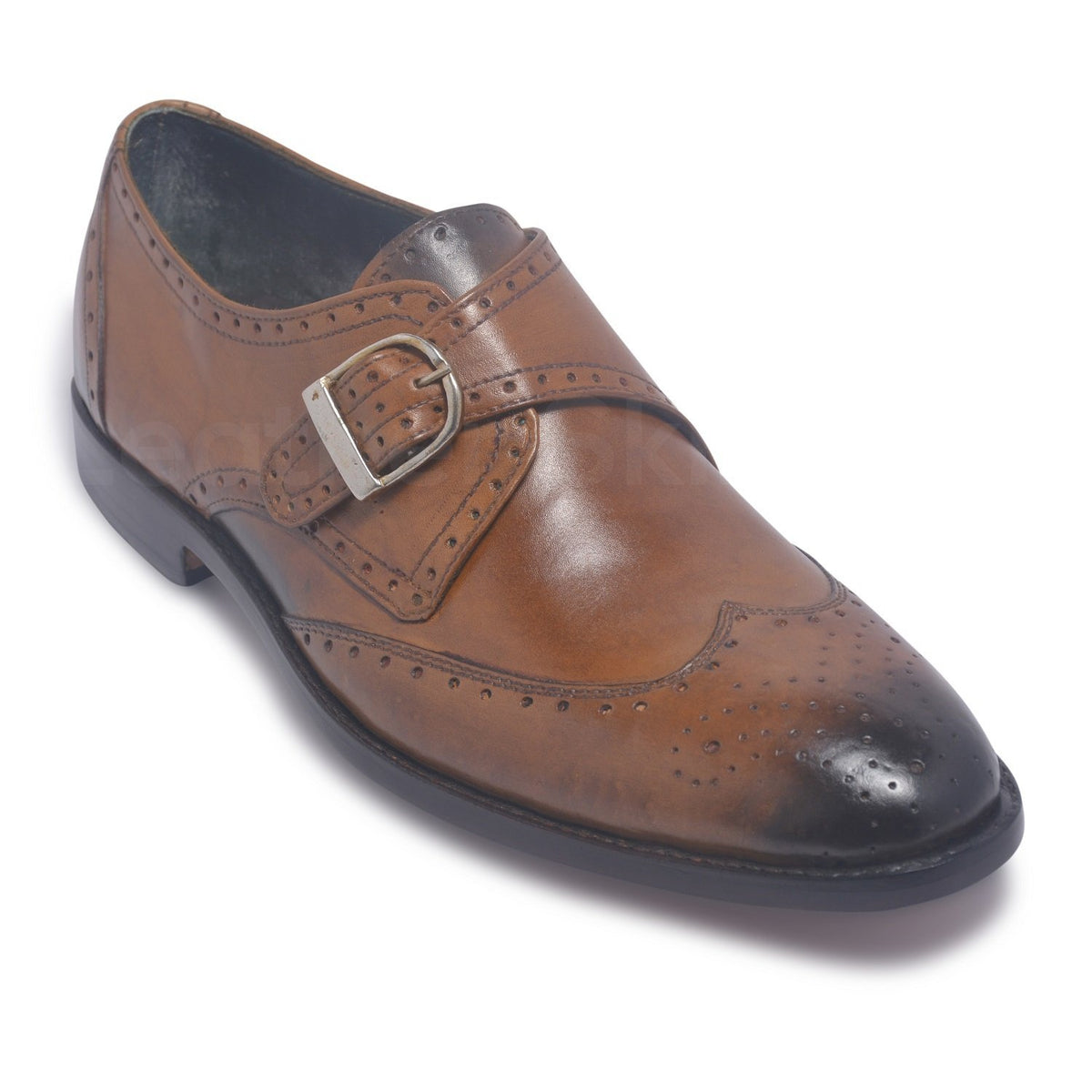 Men Brown Brogue Single Monk Strap Genuine Leather Shoes