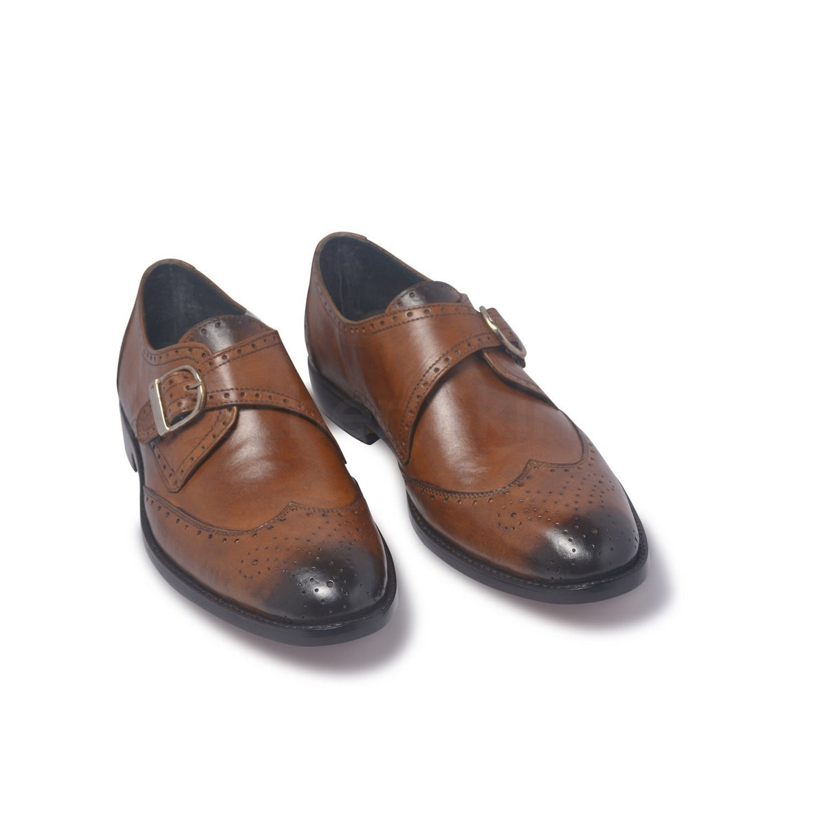 Men Brown Brogue Single Monk Strap Genuine Leather Shoes - Leather Skin ...