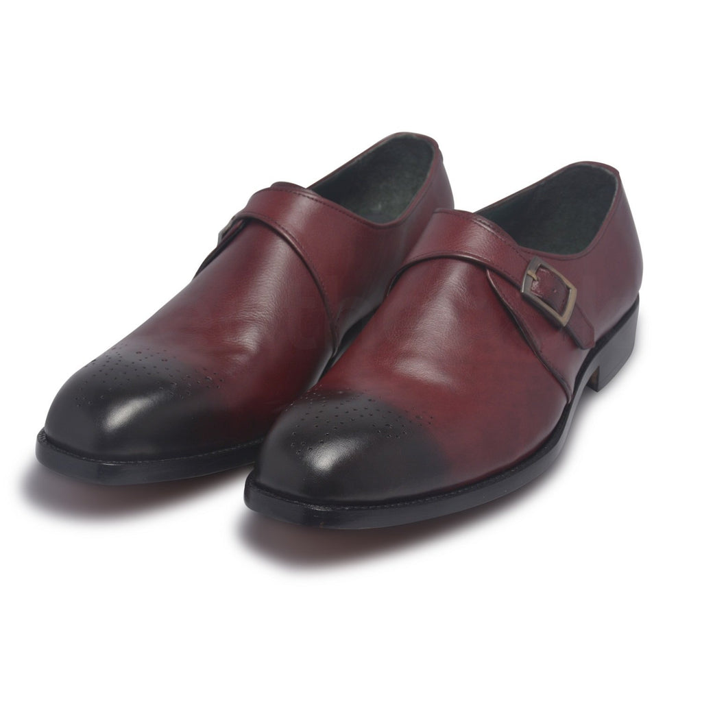 Men Two Tone Red Single Monk Brogue Genuine Leather Shoes - Leather ...