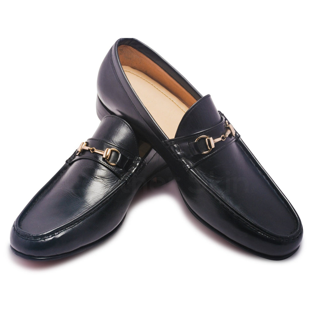 Mens Black Bit Loafers Shoes with Gold Metal Decoration - Leather Skin Shop