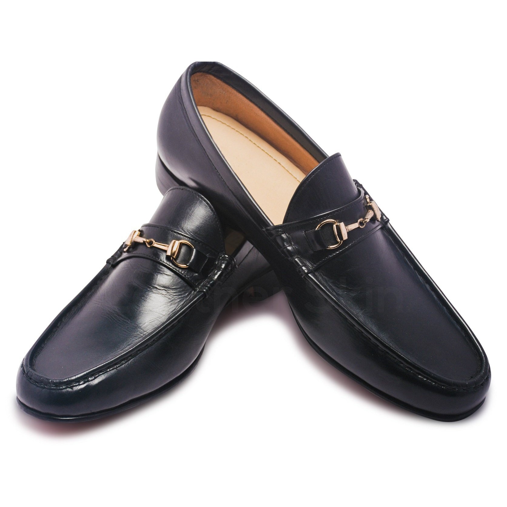 Mens Black Bit Loafers Shoes with Gold 