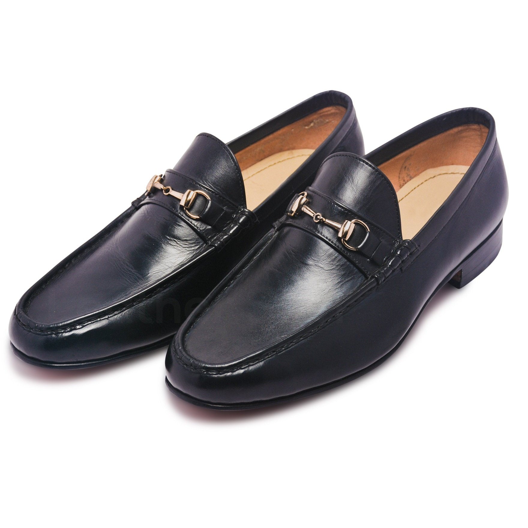 Mens Black Bit Loafers Shoes with Gold Metal Decoration - Leather Skin Shop