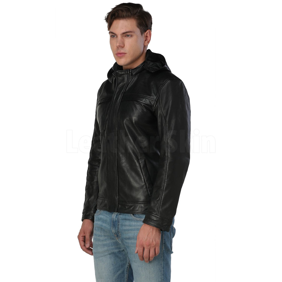 Men’s Black Hooded Leather Jacket - Leather Skin Shop