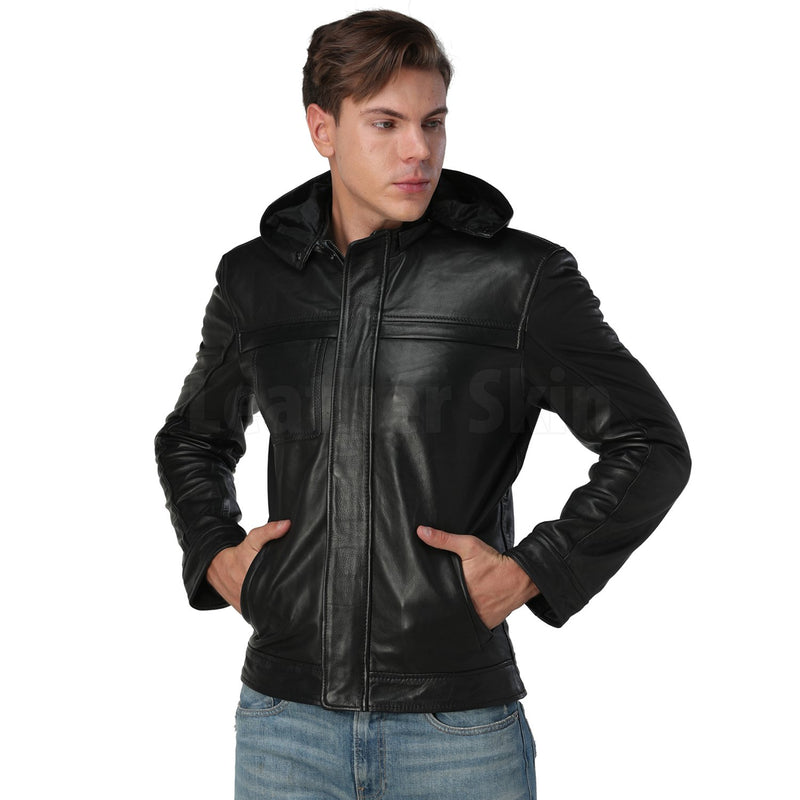 Men’s Black Hooded Leather Jacket - Leather Skin Shop