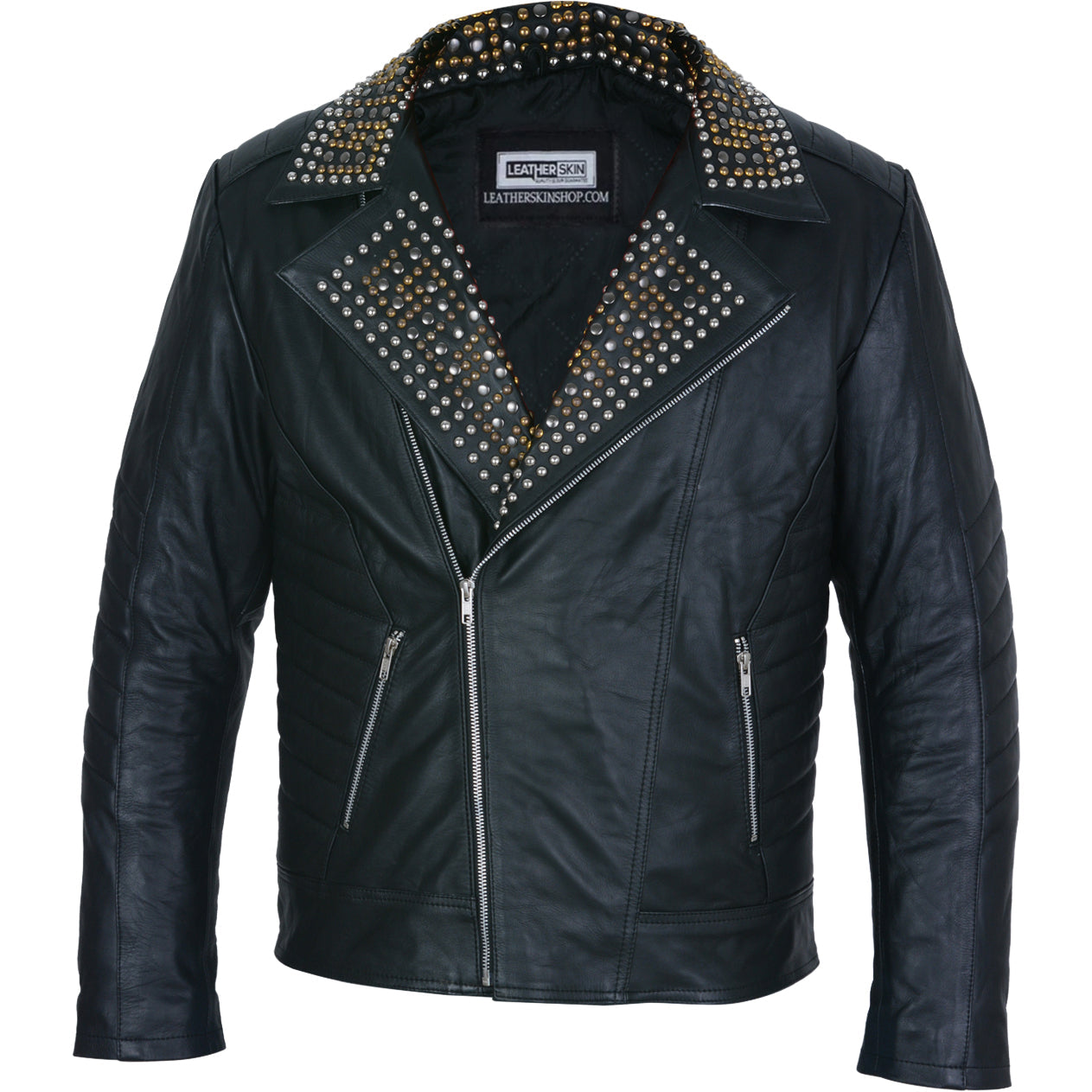 Men Black Fringes White Beads Leather Jacket with Round Studs