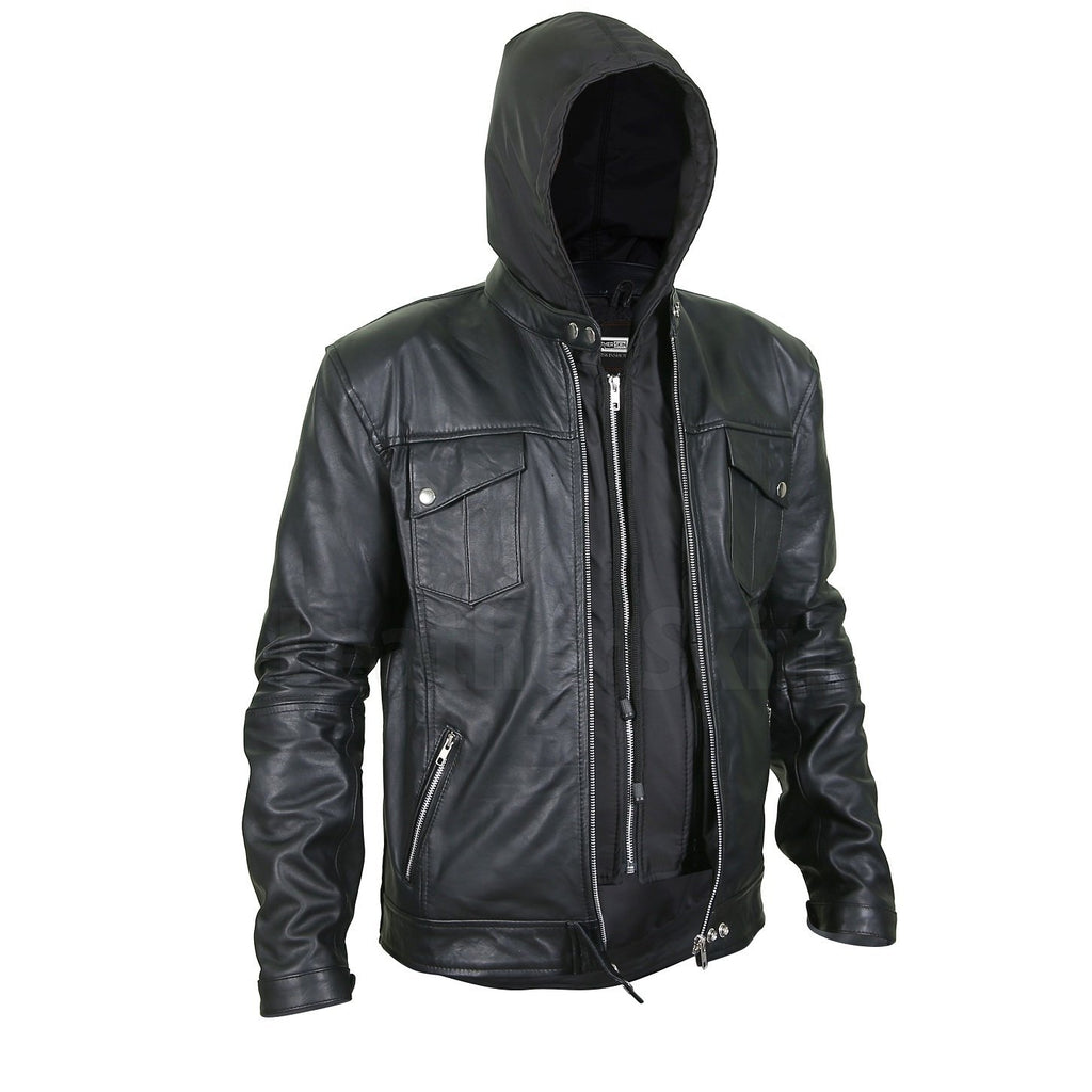 Men’s Black Leather Jacket with Hoodie - Leather Skin Shop