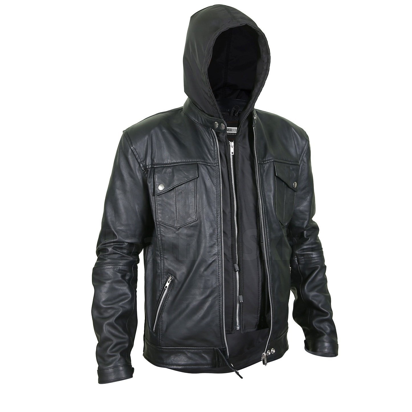 Men's Black Leather Jacket with Hoodie 