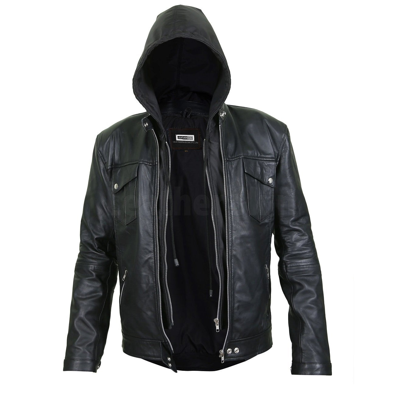 Men’s Black Leather Jacket with Hoodie - Leather Skin Shop