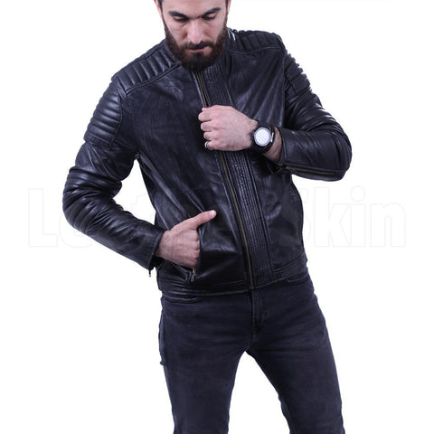 Men's Black Leather Jacket With Antique Zippers