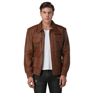 Men's Brown Bomber Leather Jacket - Leather Skin Shop