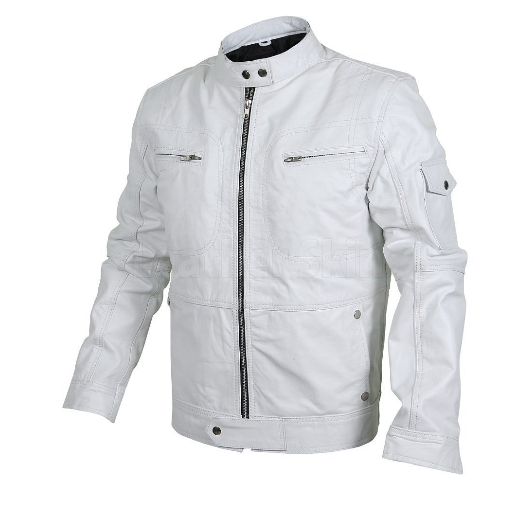 Flawless White Bomber Leather Racer Jacket