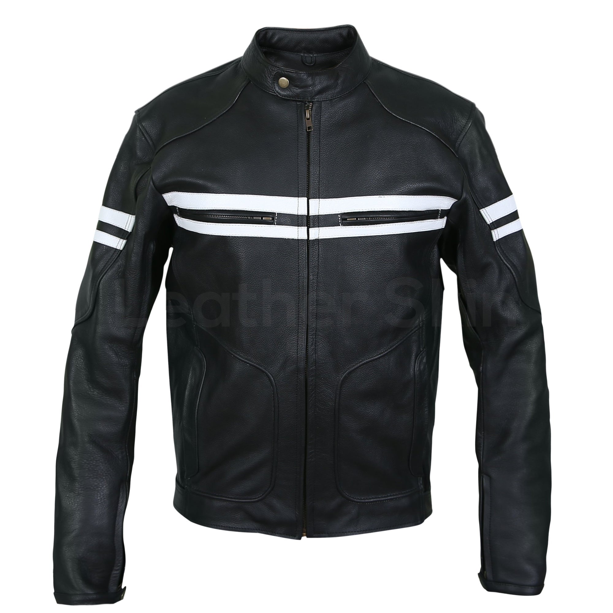 Men Black Vintage Biker Motorcycle Leather Jacket with White Stripes ...