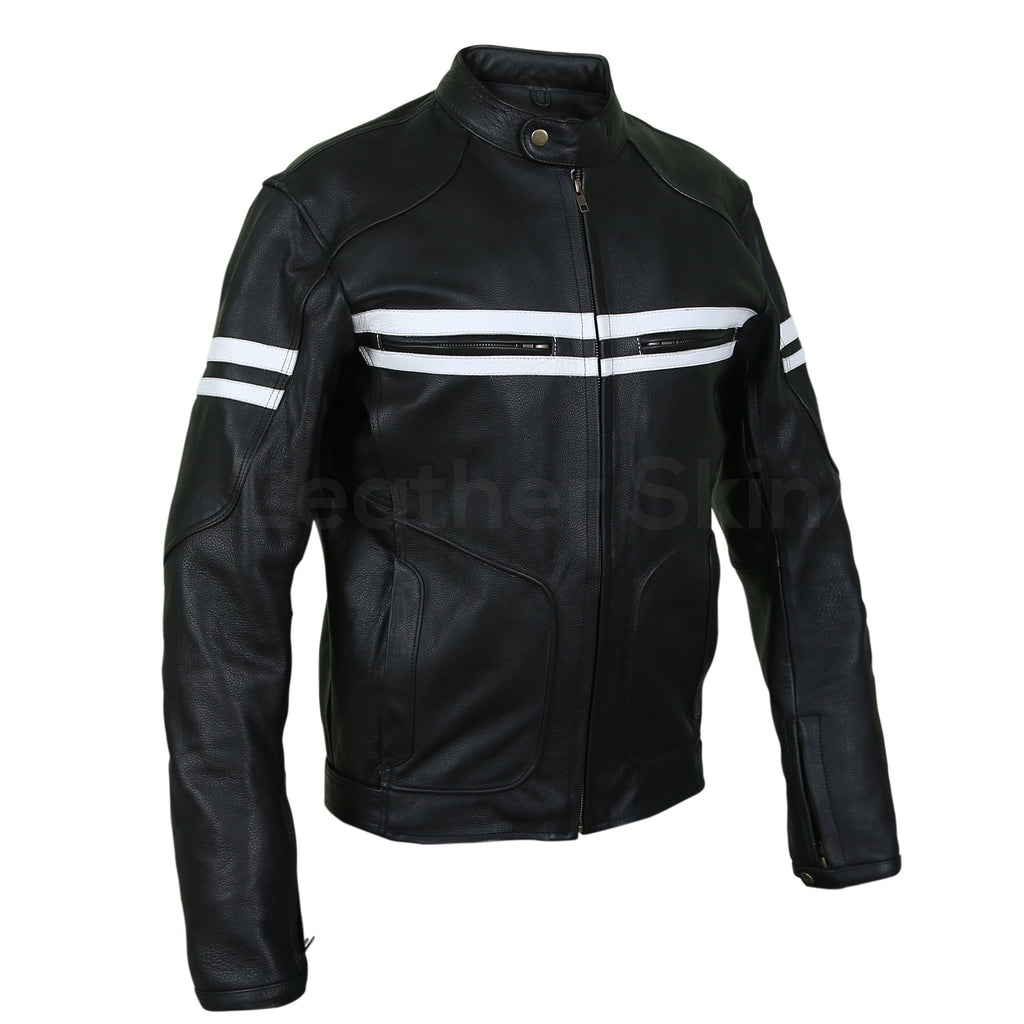 Men Black Hoodlum Vintage Biker Motorcycle Leather Jacket with White S ...