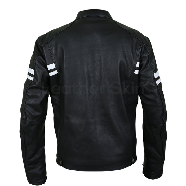 Men Black Vintage Biker Motorcycle Leather Jacket with White Stripes ...