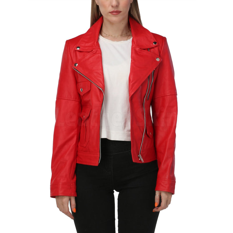 Red Leather Jacket with Classic Collar - Leather Skin Shop