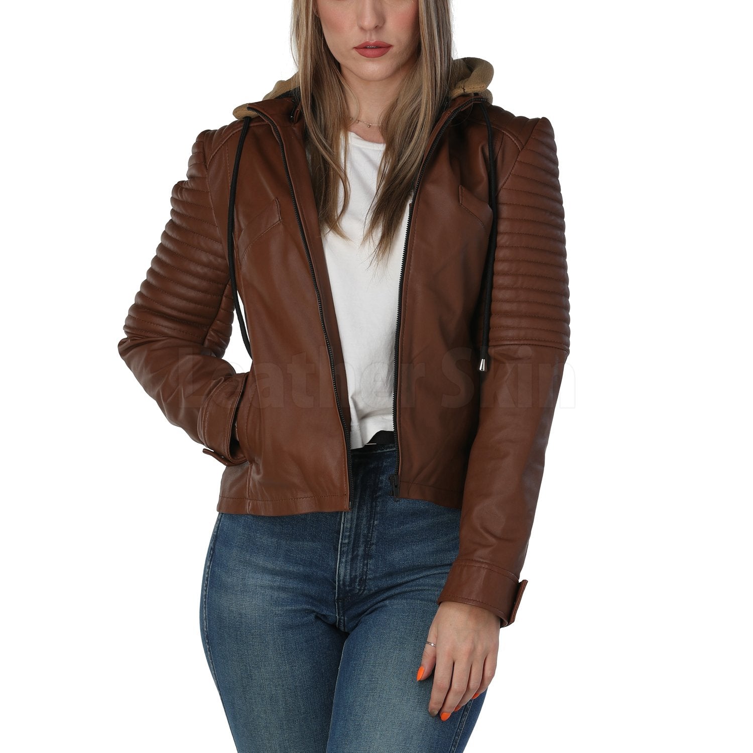 Rey Brown Hooded Leather Jacket - Leather Skin Shop