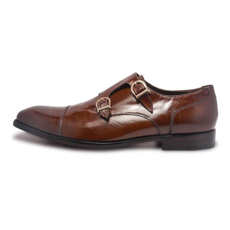 Men Brown Double Monk Genuine Leather Shoes - Leather Skin Shop