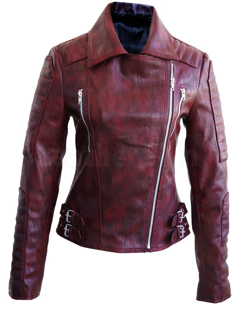 Snake Leather Distressed Pattern Women Dark Maroon Red Leather Jacket ...